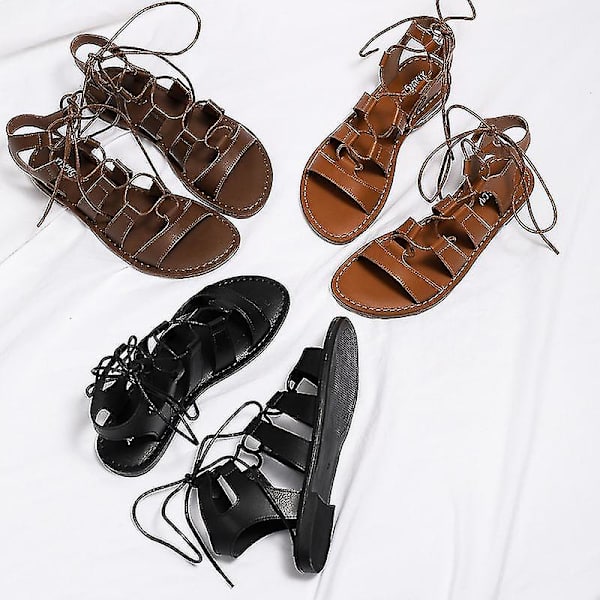 Sandaler til kvinder, sommerflade, behagelige krydsstropper, gladiatorsandaler, flade sko, afslappede strandsandaler black 40