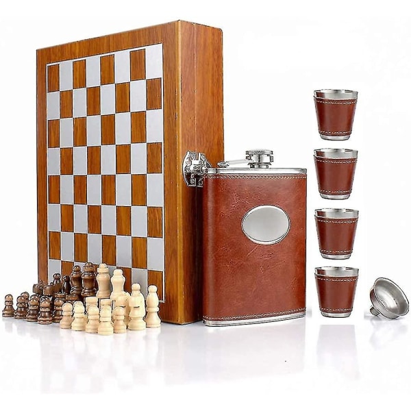 9,4" puinen shakki 8 unssia ruskea nahkainen set - ruostumattomasta teräksestä valmistetut pullot, suppilo ja 4 kuppia lahjarasia