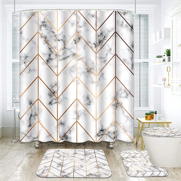 Marble Gold Bathroom Sets With Shower Curtain And Rugs And Accessories, Marble Geometric Shower Curtain Sets, Marble Golden Shower Curtains For The Ba