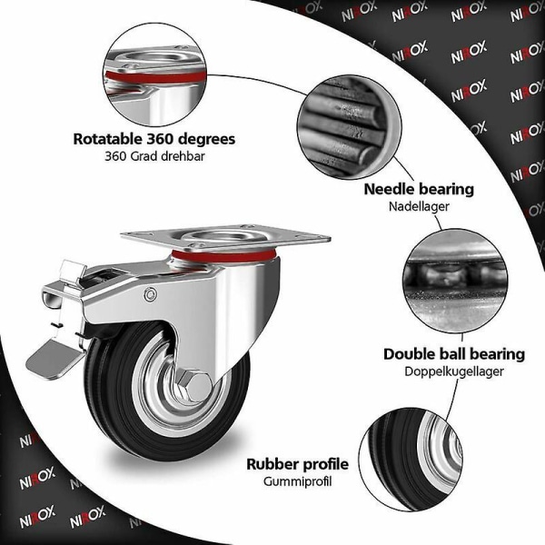 Sæt af 4 drejelige hjul 75 mm med bremse - Hjul til møbler op til 200 kg - Tung belastning - Gummi til indendørs og udendørs - Hjul I