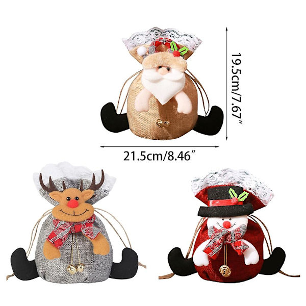 3 st söta bärbara julklappspåsar Jultomte Snögubbe Älg Kreativ godispåse