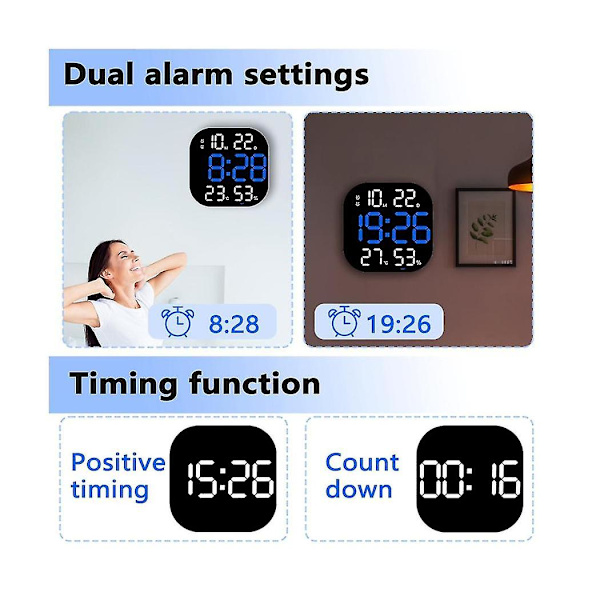 LED Digital Vægur Fjernbetjening Temperatur Dato Ugedag Visning Justerbar Lysstyrke Bord Al