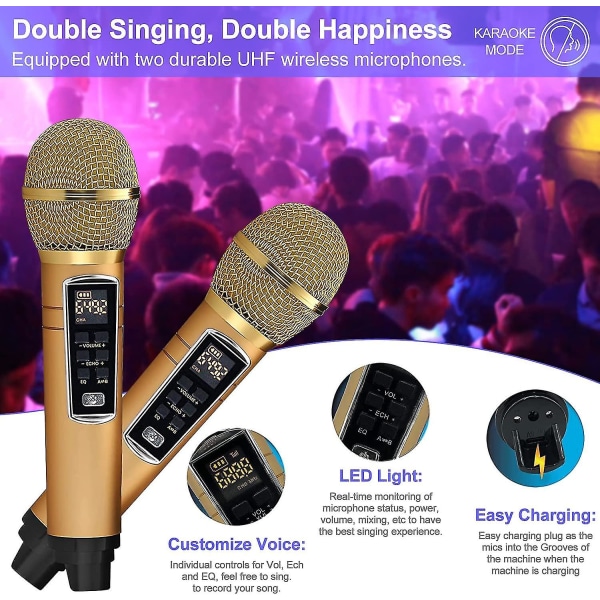 Rebirth Karaoke-maskine, bærbart Bluetooth Pa-system med 2 trådløse mikrofoner, højttaler med mobiltelefonholder/usb/tf-kort/aux-indgang, til hjemmebrug