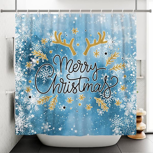 God jul snøfnugg dusjforheng hvite snøfnugg gevir på blå bakgrunn baderomsinnredning for vinterferie baderomsgardiner vanntett pol