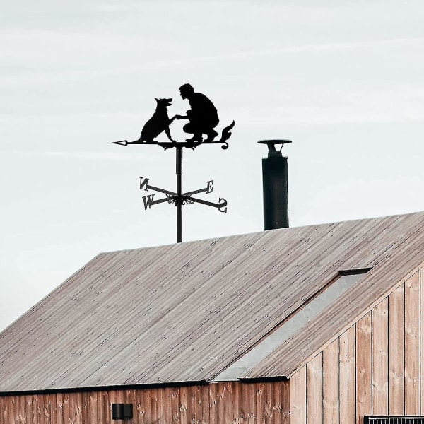 Vejrhane med vindretningsindikator til mand og hund hul design udskåret rustfrit stål vindretning sort metal vejrhane