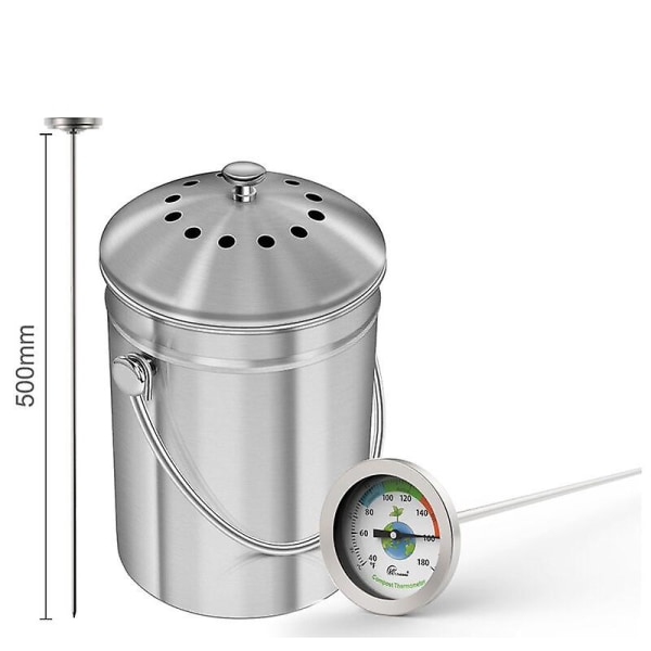 Komposttermometer - urskivetermometer i rustfritt stål for kompostering i hjemmet og hage - 54 mm diameter C & F skive, 500 mm temperatursonde kompostakselerasjon