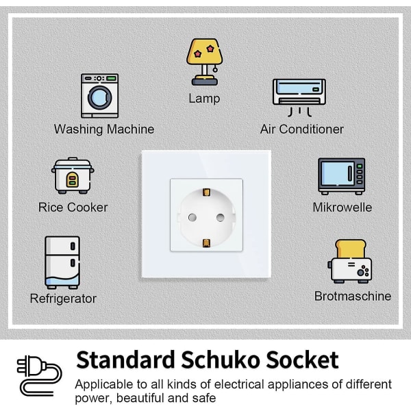 Enkelt uttag i vitt, 16amp glas Schuko-uttag Infällt monterat skyddskontakt vägguttag-86mm, 250v, 1 fack