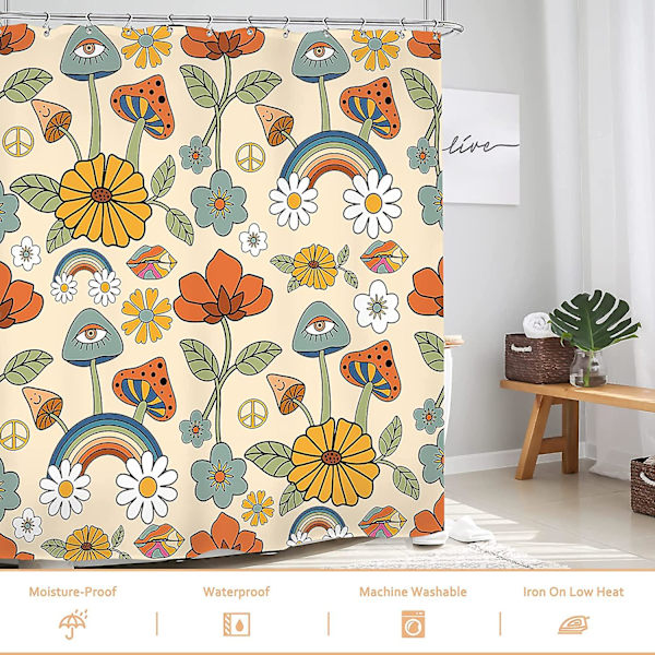 Boho svamp duschdraperi set retro trippy badrumsdekor gul orange blomma blommig rolig söt bohemisk hippie rustik 60wx72l tum badtillbehör