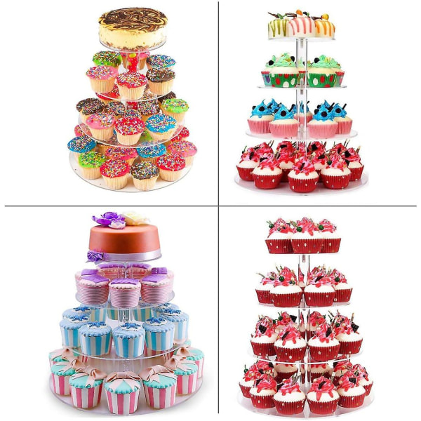 Cupcake-teline, 4-tasoinen kakkuteline häihin, baby ja iltapäiväteetä varten, 4 mm paksu akryylinen jälkiruokatorni teline muffinsille ja kakulle, halkaisija 12"/