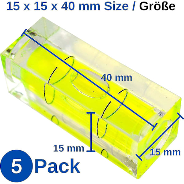 Vattenpass, 5-pack, 15 x 15 x 40 mm, precisionsvattenpass med luftbubbla, minivattenpass