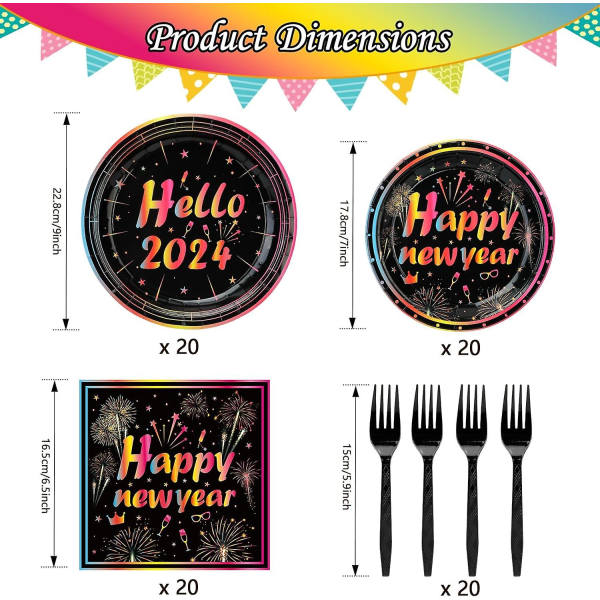 80 kpl Hyvää uudenvuodenaaton lautaset ja lautasliinat, uudenvuodenaaton juhlatarvikkeet 2024, värikkäät onnellisen uudenvuoden lautaset ja lautasliinat ja set