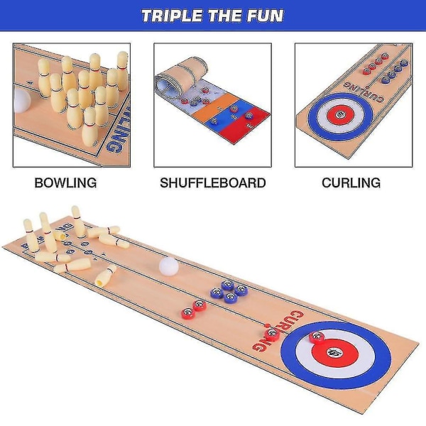 3 i 1 bordspill Shuffleboard Bowling og curling bærbart familielekesett for barn og voksne