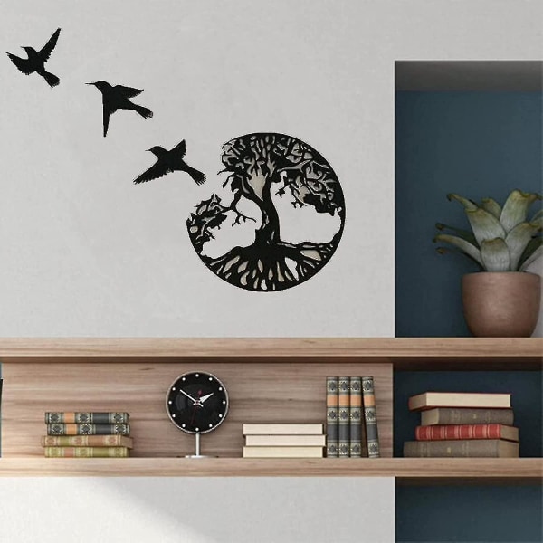 Sort Metal Tree Of Life Vægkunst - 3 Flying Birds Vægskulptur - Moderne rund vægdekor
