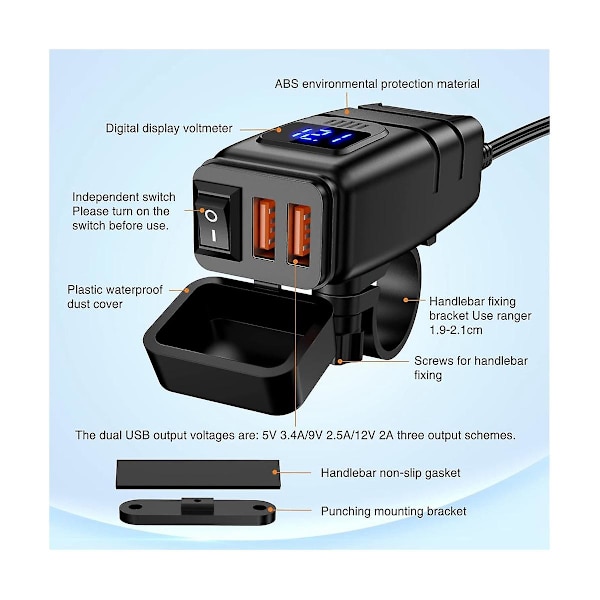 Motorsykkel USB-lader, 6.8A hurtiglading 3.0 dobbel USB motorsykkel telefonlader med voltmeter og på