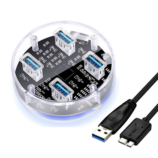 4-porttinen USB-keskitin, USB 3.0, läpinäkyvä virtalaturi, 5 Gbps, kannettava USB-jakaja