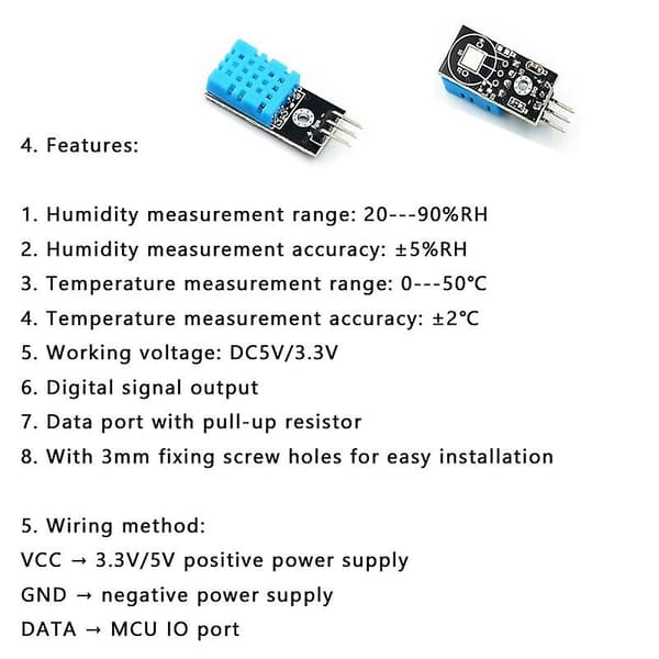 Temperatur- og Luftfugtighedssensor DHT11 Modul med Kabel til Arduino