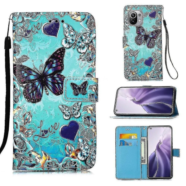 Kompatibel med Xiaomi Mi 11 etui Læder Flip tegnebogscover med kortpladsholder Kickstand mønster - Heart Butterfly