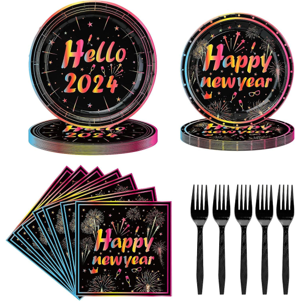 80 stk Godt Nytår Tallerkener og servietter, nytårsaften festartikler 2024, farverige godt nytår tallerkener og servietter og gafler sæt