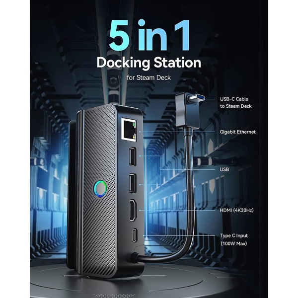 Steam Deck Dock med Rgb LED-lys, dockingstation til Steam Deck, 5-i-1 Steam Dock med Gigabit Ethernet, Hd 2.0