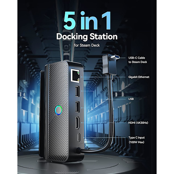 Steam Deck Dock med Rgb LED-lys, dokkingstasjon for Steam Deck, 5-i-1 Steam Dock med Gigabit Ethernet, Hd 2.0