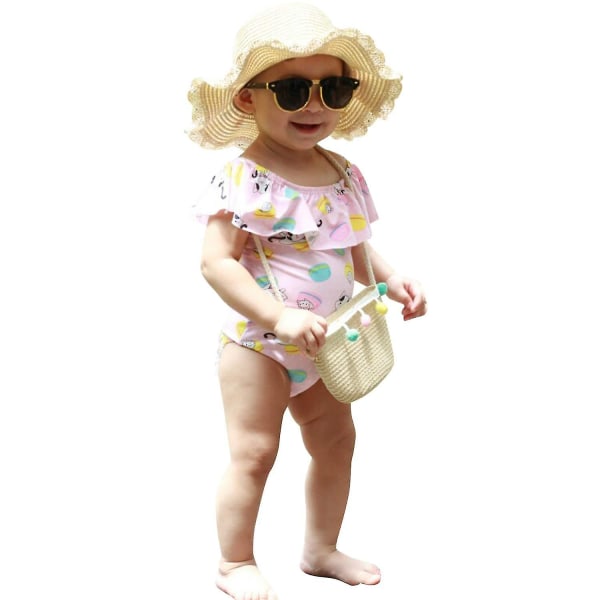 Barn Baby Jenter Bred Brim Beach Straw Sun Hat Med veske Søt Princess Pompom Summer Hats