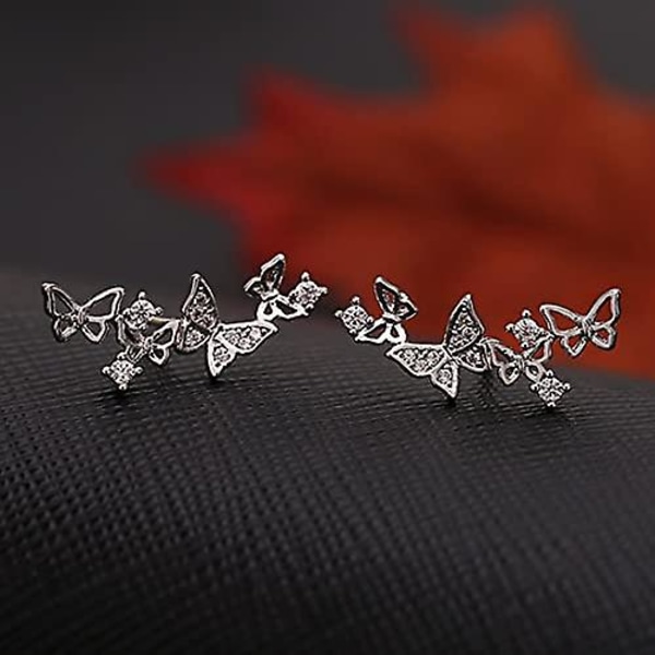 925 Sterling Silver Cubic Zirconia Crystal 3d Butterfly Design Ear Cuff Brudstuds örhängen