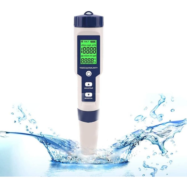 Elektronisk Ph Meter Tester, 5 In 1 Ph Tester Ficktemperaturmätare Vattenkvalitet Ph Ec Salt Tds