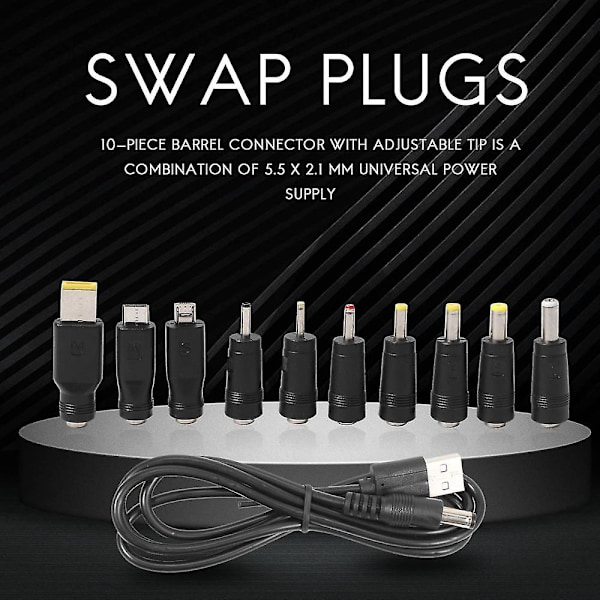 DC-strømkabel USB til 5,5x2,1 Multifunksjonell DC utskiftbar plugg