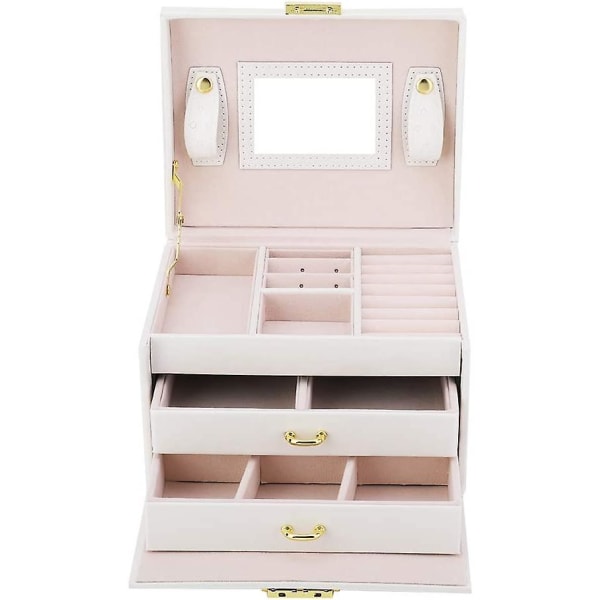 3 Tier Mirrored Pu Leather Jewelry Storage Box (white Pu Leather+iron+glass+fabric+wood)