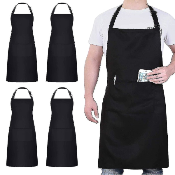 4-pack kockförkläde, svart förkläde med 2 fickor, vattentätt justerbart förkläde för män och kvinnor, perfekt för matlagning i köket