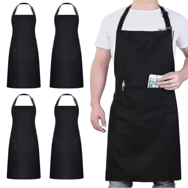 4 pakker kokkeforkle, svart forkle med 2 lommer, vanntett justerbart forkle for menn, kvinner, perfekt for kjøkkenmatlaging