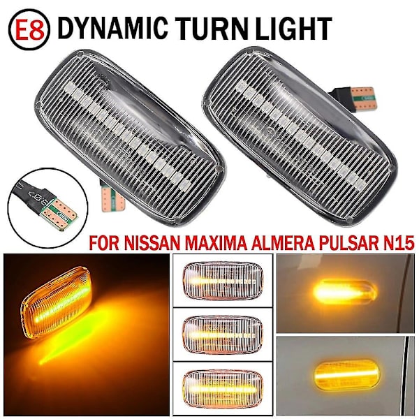 2 stk dynamiske sidemarkør repeater blinklys lampe til Nissan Maxima Almera til Pulsar N15 Cefiro A32 1995-2000