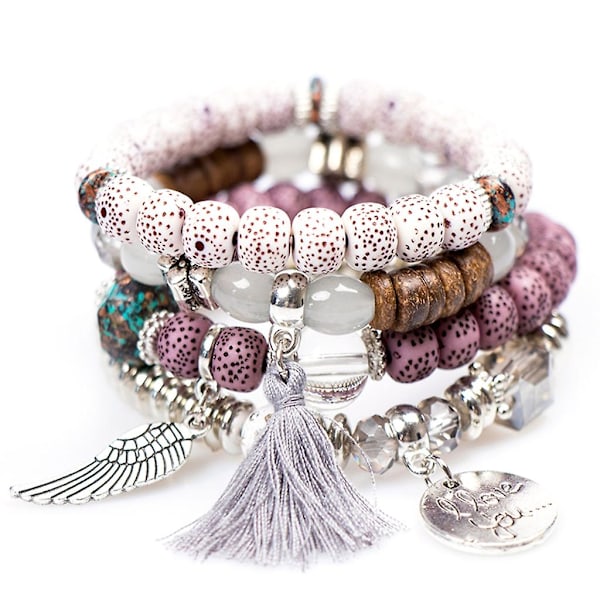 Layered Bead Adjustable Bracelet Tassel Wing Round Pendant Bracelet Jewelry