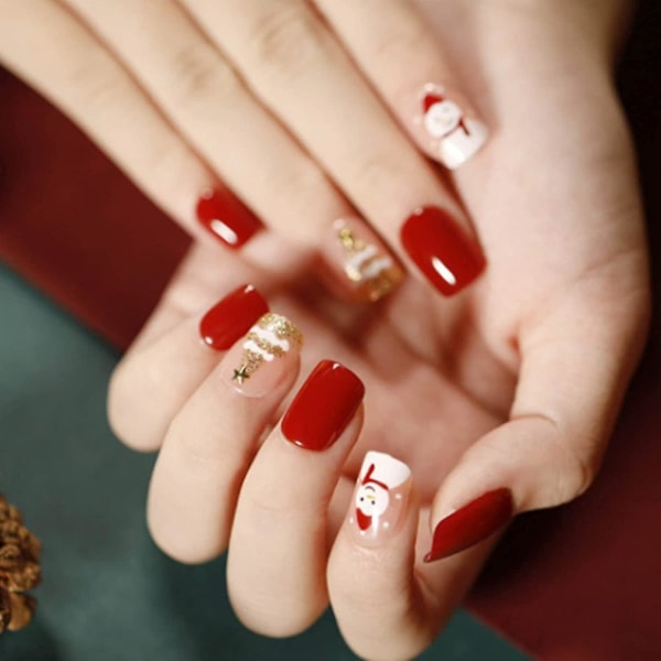 Røde tryk på negle Kort julepynt Firkantede falske negle Søde Full Cover falske negle til kvinder og piger24 stk.