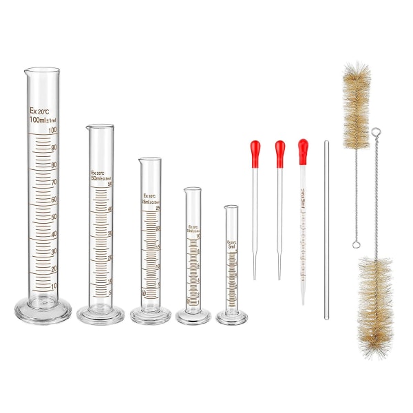 Sæt med graduerede måleglas i glas, premium borosilikatcylindre sæt med 3 pipette + 2 børster