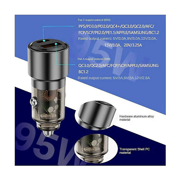 Transparent biloplader Ac biltelefonoplader 95w hurtigopladning Qc3.0 Scp 3a Pd opladning biloplader(