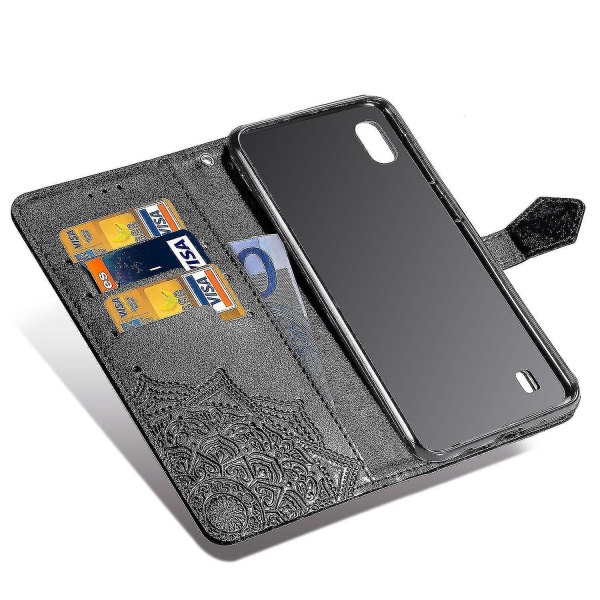 Samsung Galaxy A10 Case Nahkainen Lompakon Cover Kohokuvioitu Mandala Magneettinen Flip Protection Iskunkestävä - Musta