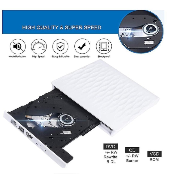 Ulkoinen CD-Dvd-asema, USB 3.0 Ohut ulkoinen CD-Dvd-uudelleenkirjoitin (valkoinen)
