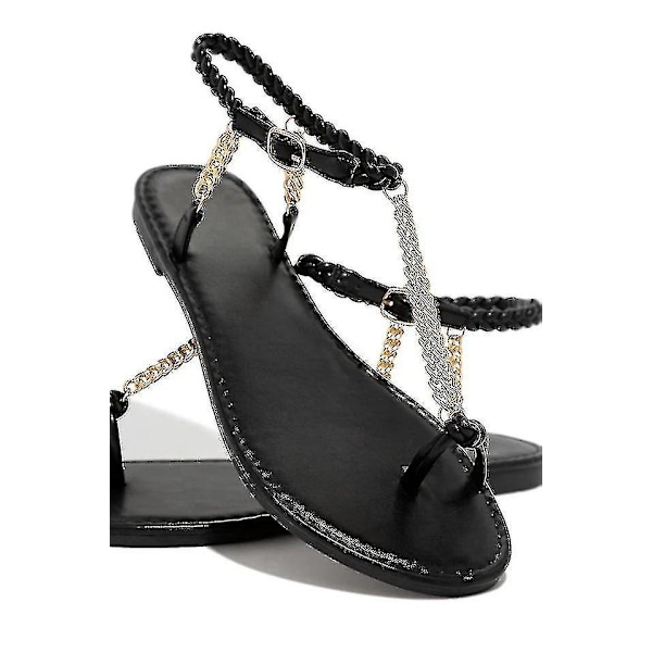 Sommer Dame Slips Nye Vævning Dame Sandaler Tynd Metal Kæde Flad Bund Sandal  Sandaler Dame  Slippers  Flade Sko black 39