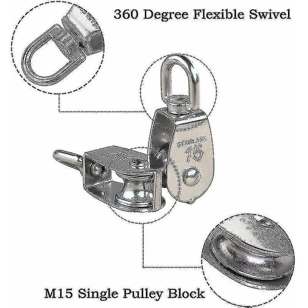 M15 304 ruostumaton teräs yksipyöräinen - 15 mm lohkorulla kääntyvällä koukulla, 77 lbs/35 kg kuorma (6 kpl)