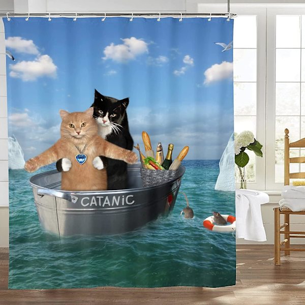 Katte bruseforhæng til badeværelsesindretning, sjove Catanic Cats Cosplay Titanic On Ocean Print vandtætte stof bruseforhæng med kroge 60x72 tommer