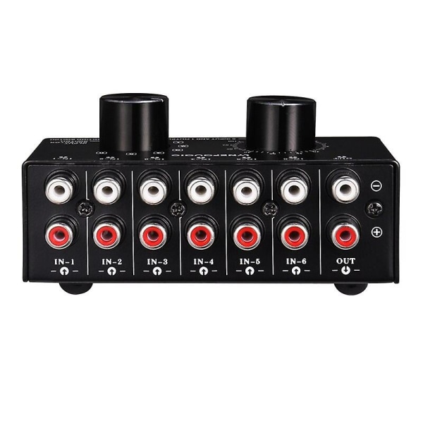 6 Input 1 Output Switcher Audio Source Selection Switcher RCA Audio Input Signal Selector Switch med lydstyrkejustering og manu