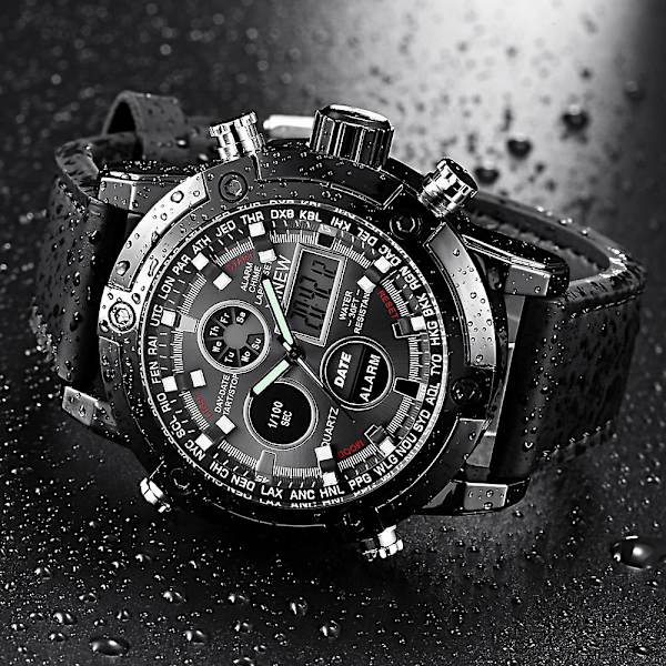 Luksus Dual Movt Herre Læder Quarz Analog Digital Led Sport Armbåndsur