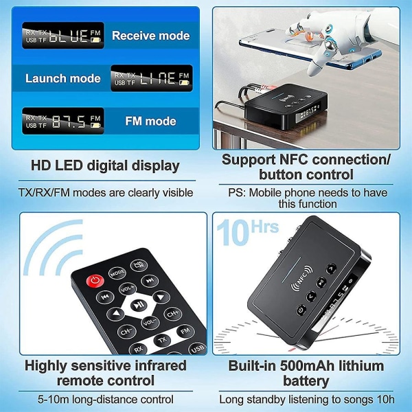 Bluetooth 5.0 Modtager Sender Fm Stereo Aux 3,5 mm Jack Rca Trådløs Nfc Bluetooth Audio Adapte