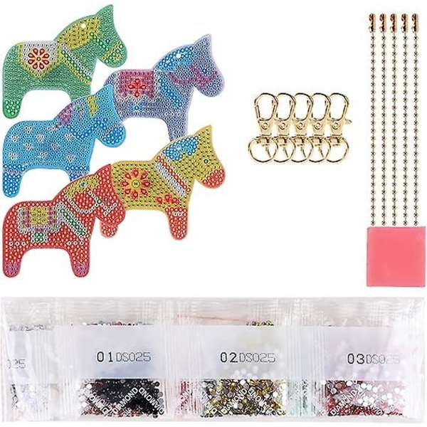 5 kpl 5D DIY Timanttimaalaus Avaimenperät Hevoskuviolla, Timantti DIY Kaksisivuinen 5D