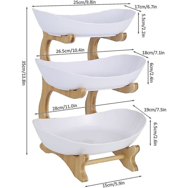 3-etasjes fruktkurv, 3-etasjes keramisk fruktstativ med naturlig bambusstativ for frukt, kaker, godteri 35*15cm (hvit)