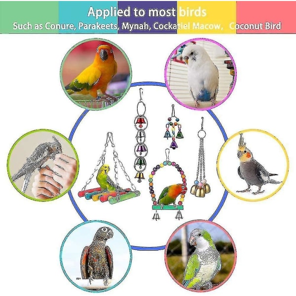 Papegøyeleker, fugleleker, fuglegyngeleker 5 stykker, med hengekøye i naturlig tre