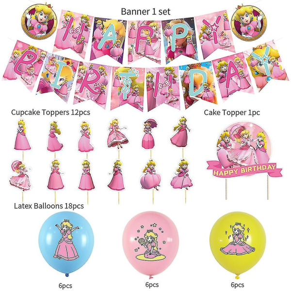 Princess Peach Fødselsdagsfest Dekoration Og Tilbehør Sæt Til Piger Inkluderer Tillykke Med Fødselsdagen Banner, Kage/Cupcake Topper, Ballon