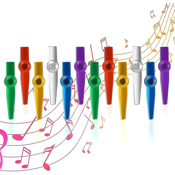 Sett med 6 farger Kazu musikkinstrumenter i Kazu aluminiumslegering med 12 akkompagnementer av munnspill med membran for gitar, ukulele, fiolin, piano