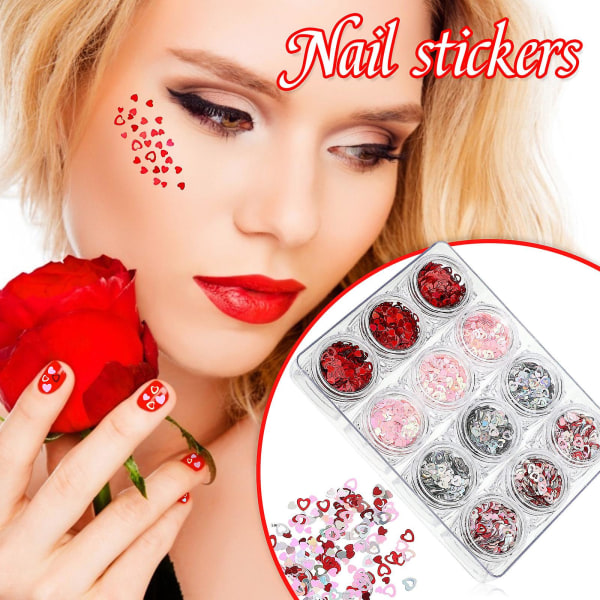 12 bokser med Valentinsdag Hjerteformet Glitter Nail Art Farge Blandet hjerteform